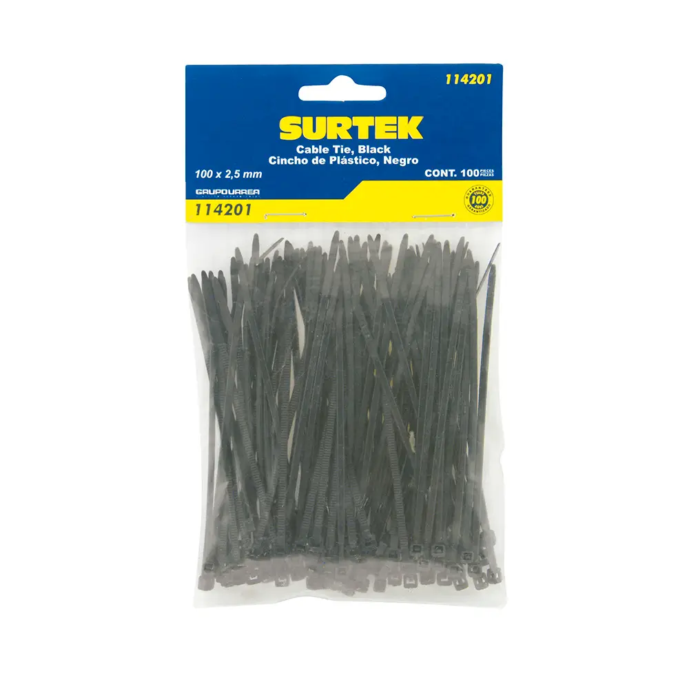 Cinchos plásticos 100 x 2.5 mm, tensión 8 Kg de 100 piezas, color negro