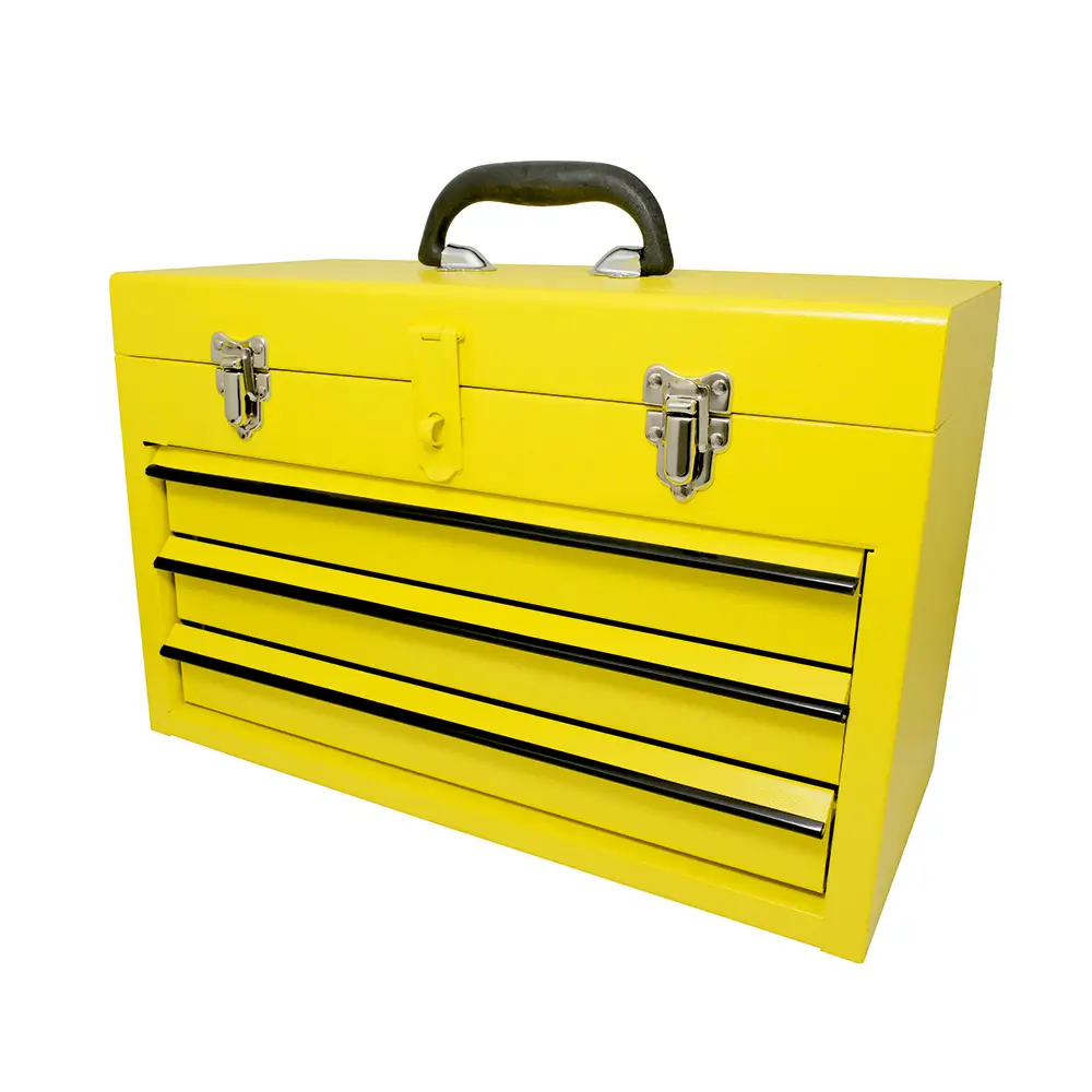 Caja portaherramientas met&aacute;lica color amarillo con 3 gavetas 11" x 18" x 9"
