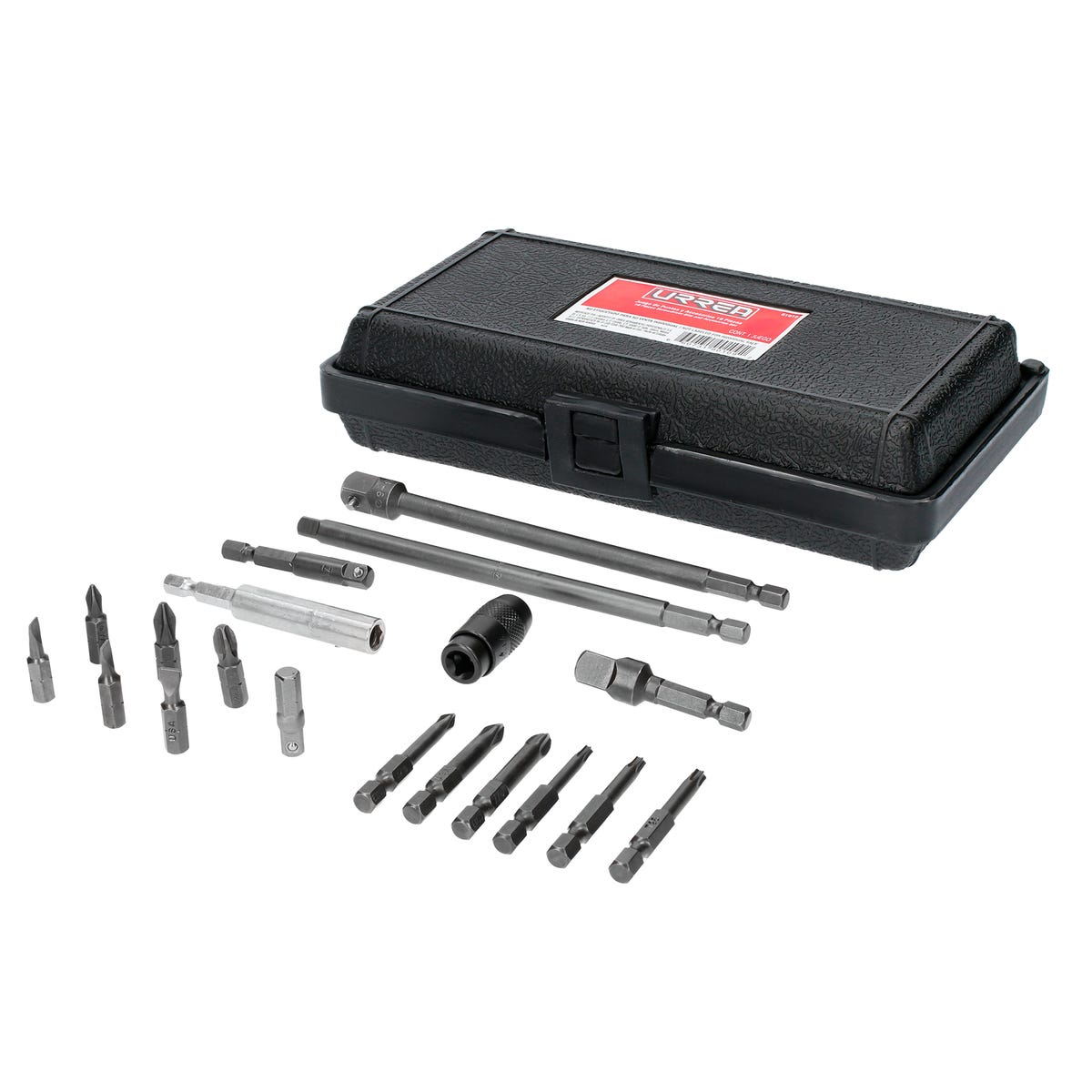 Juego de puntas y accesorios cuadro de 1/4", 19 piezas en caja plástica