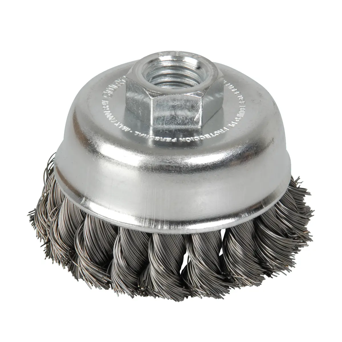 Carda copa trenzada alambre delgado 4" x 0.35 mm con rosca 5/8"