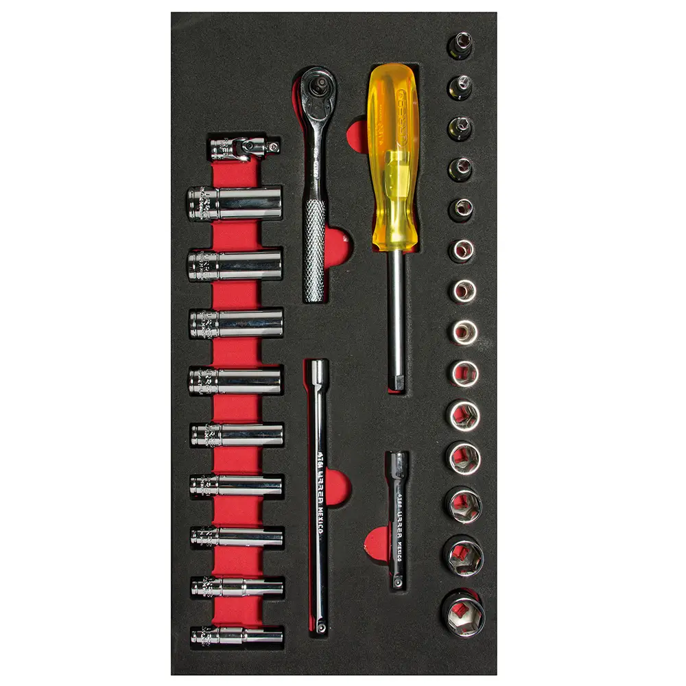 Juego de dados cortos, largos y accesorios cuadro de 1/4"  métricos 28 piezas CH103-C