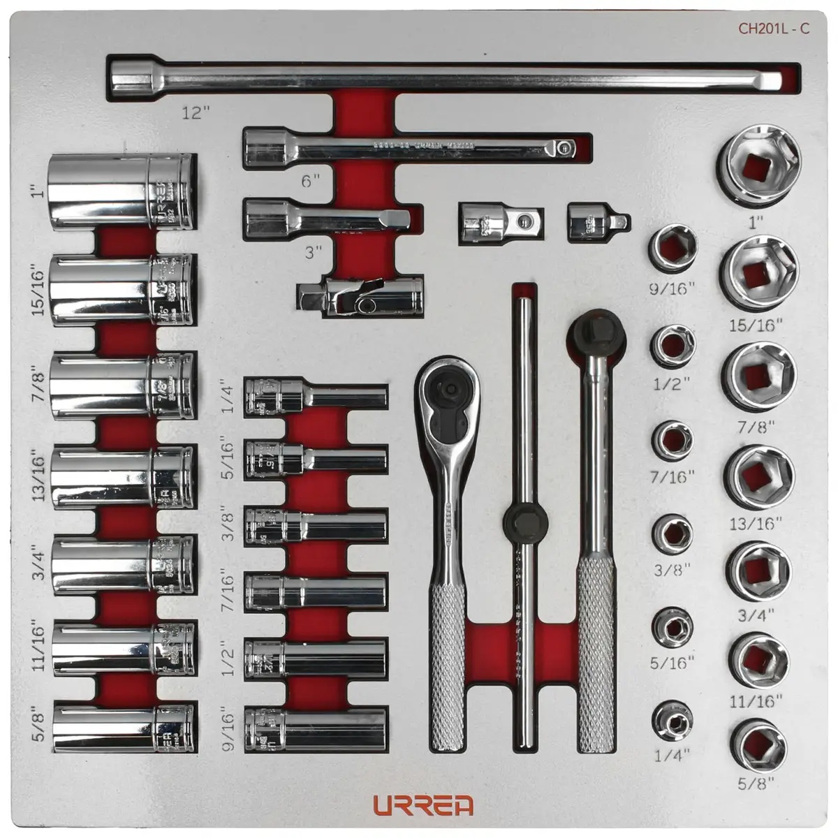 Juego de dados cortos,largos y accesorios cuadro de 3/8" en pulgadas 35 piezas, CH201L-C