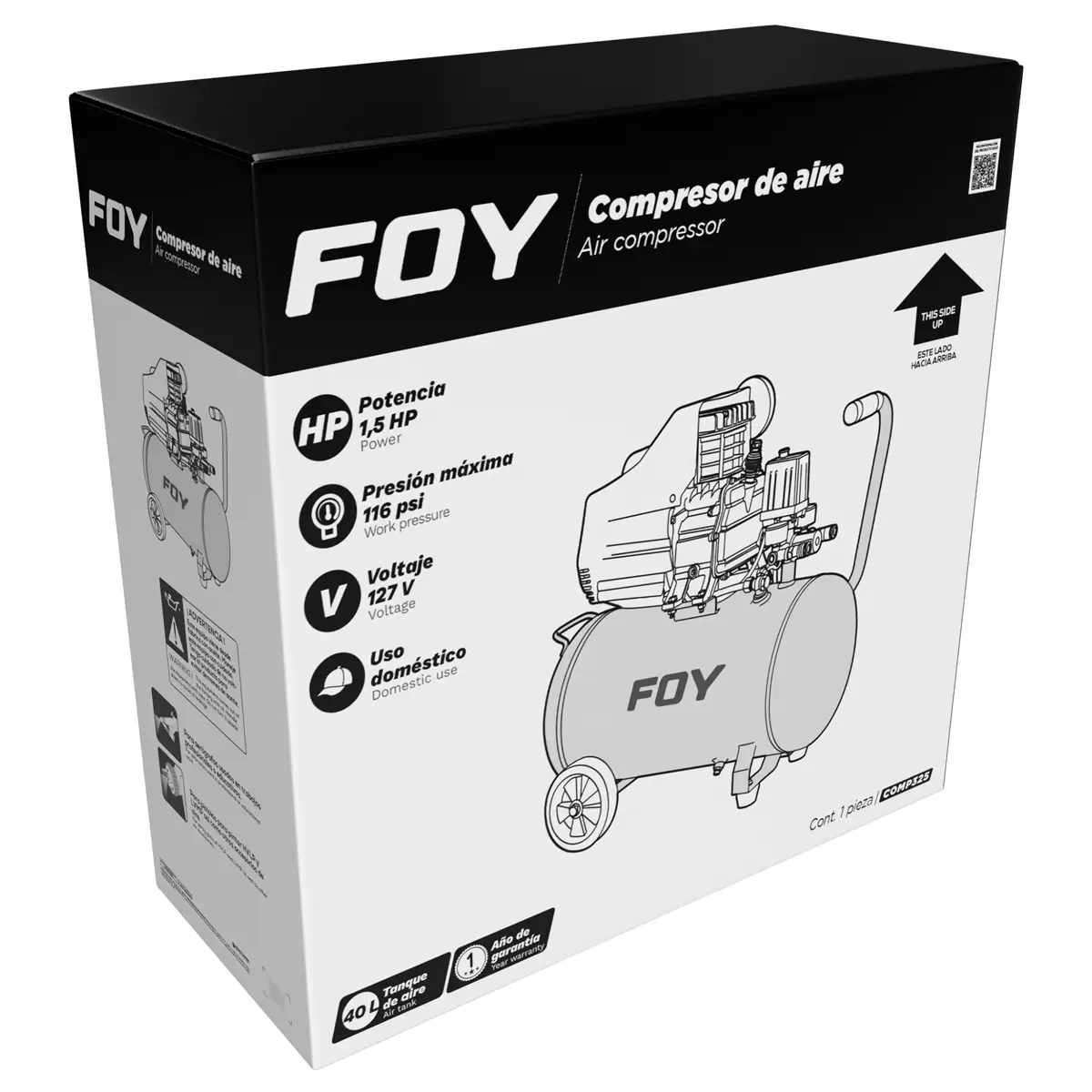Compresor de aire eléctrico lubricado 40 Lt, 1.5 HP, 127 V