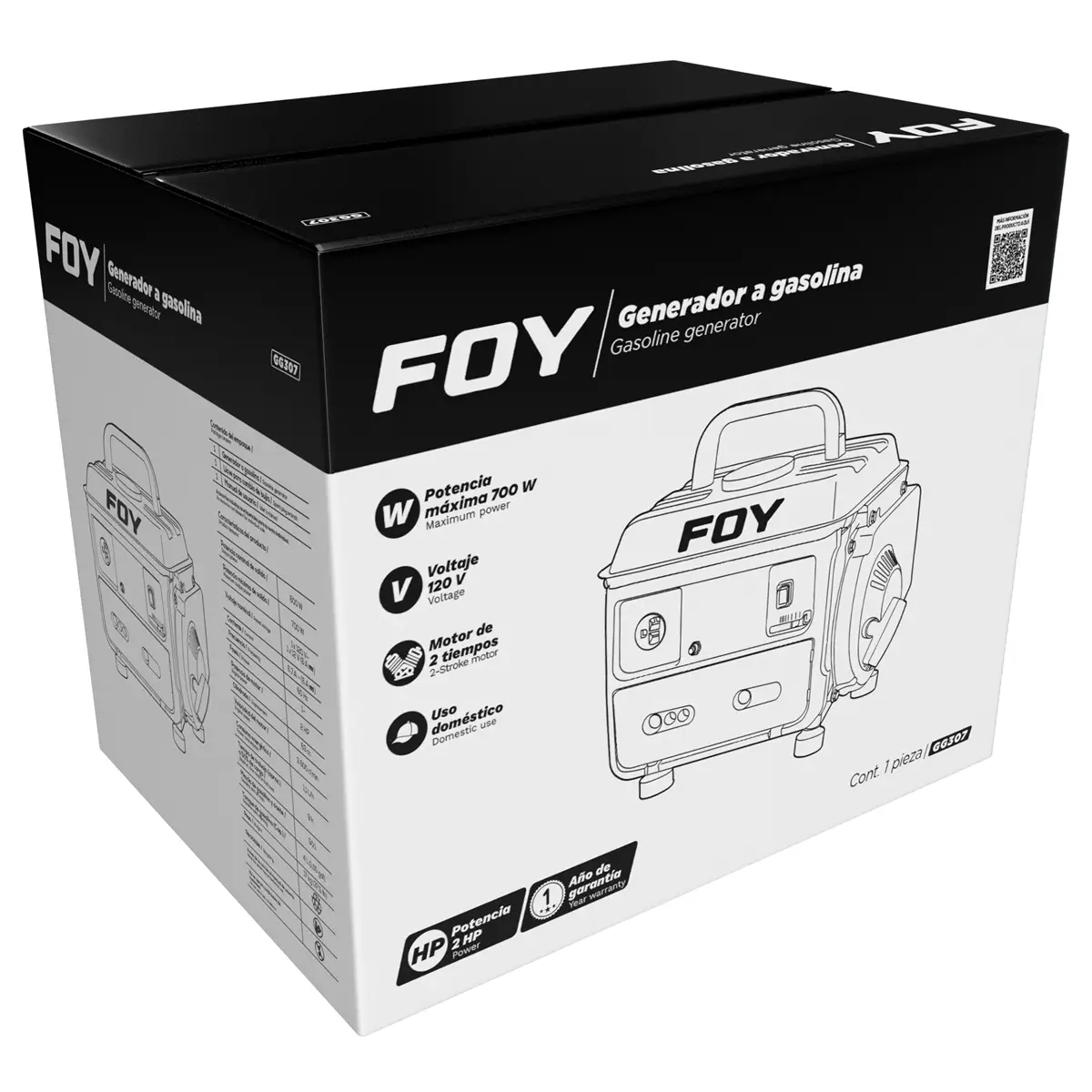 Generador a gasolina 700 W, 63 cc, voltaje de salida 120 V