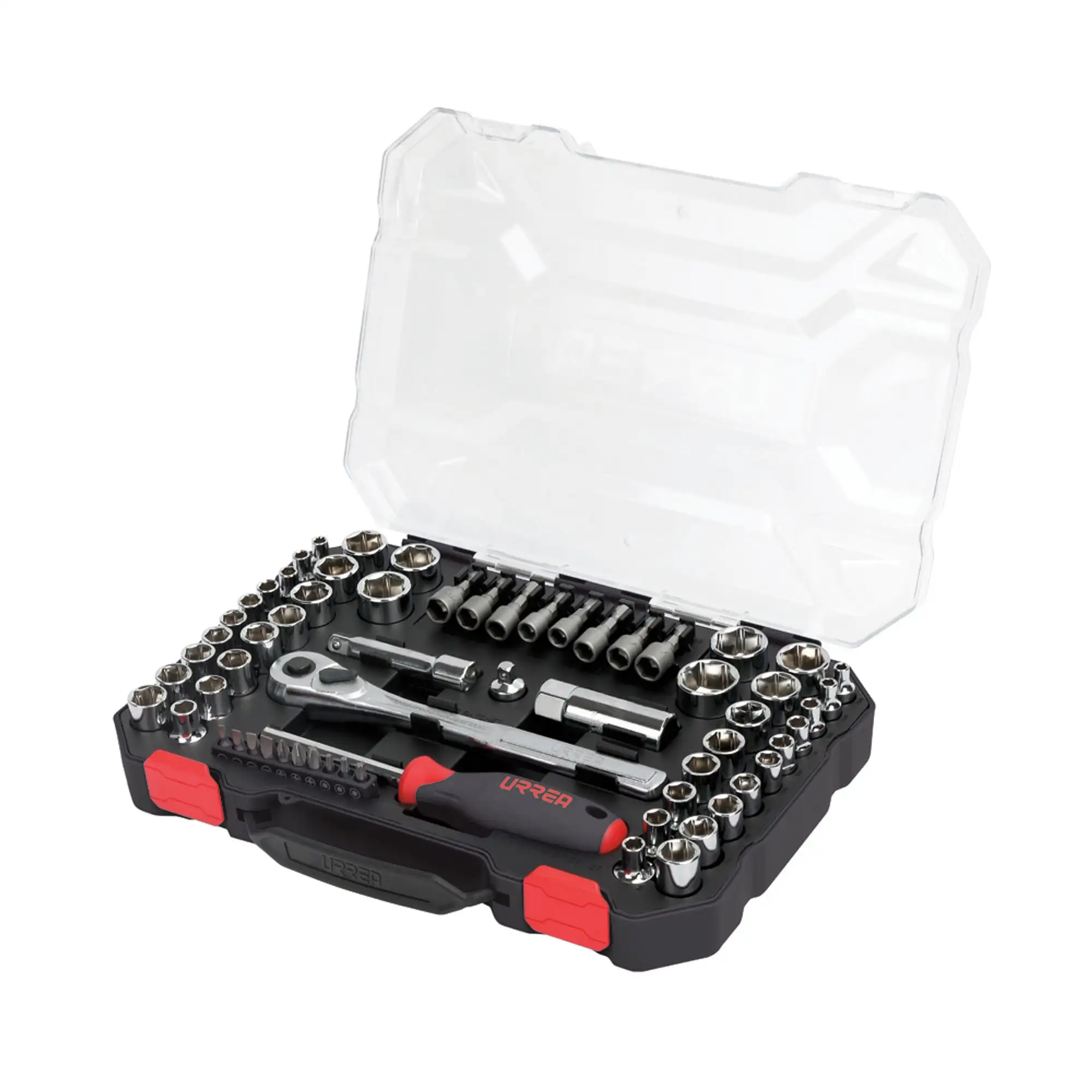 Juego de dados y accesorios cuadro de 1/4" y 3/8" combinado, 63 piezas